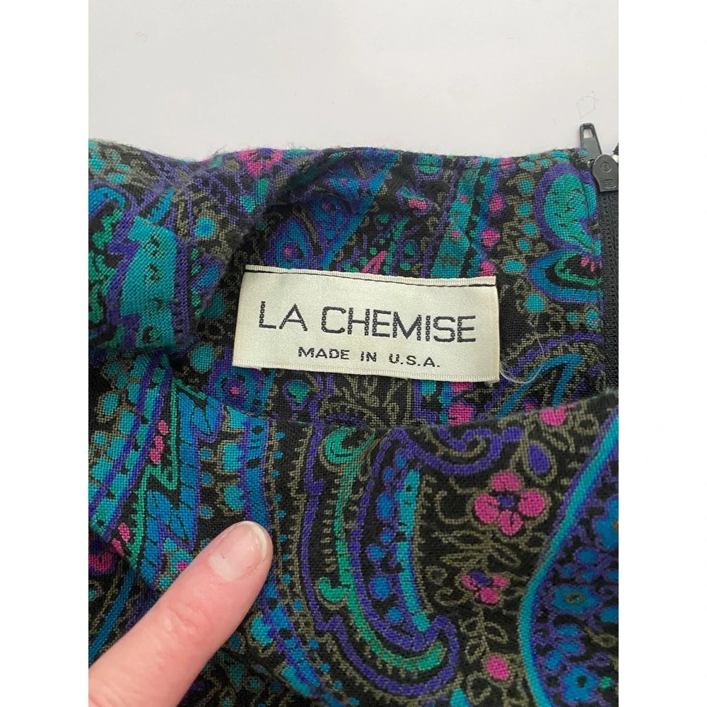 La Chemise Vintage 80s Paisley Drop Waist Midi Dress Teal Purple Magenta Size 12